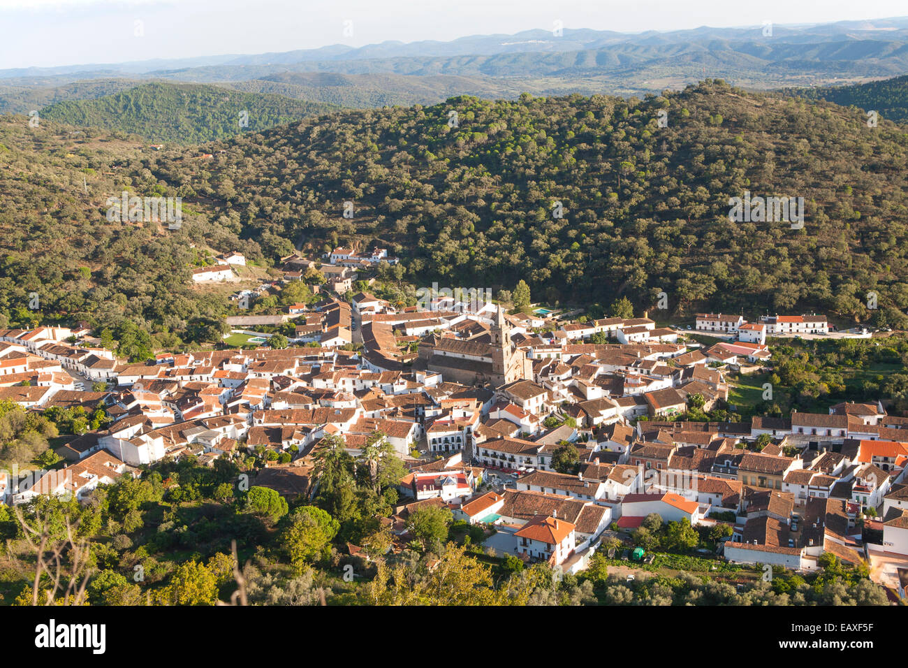 Overhead oblique angle view of village of Alajar, Sierra de Aracena, Huelva province, Spain Stock Photo