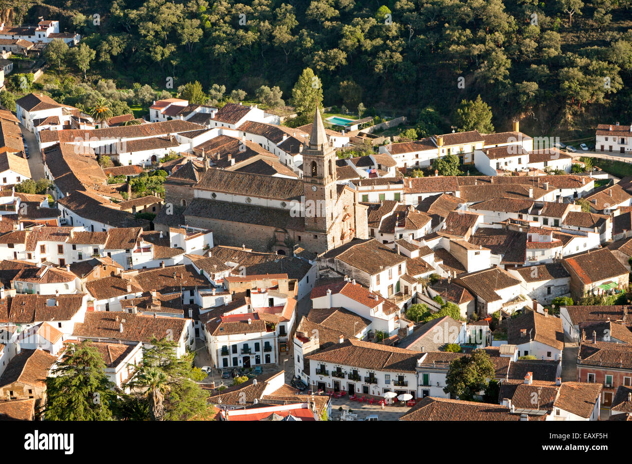 Overhead oblique angle view of village of Alajar, Sierra de Aracena, Huelva province, Spain Stock Photo