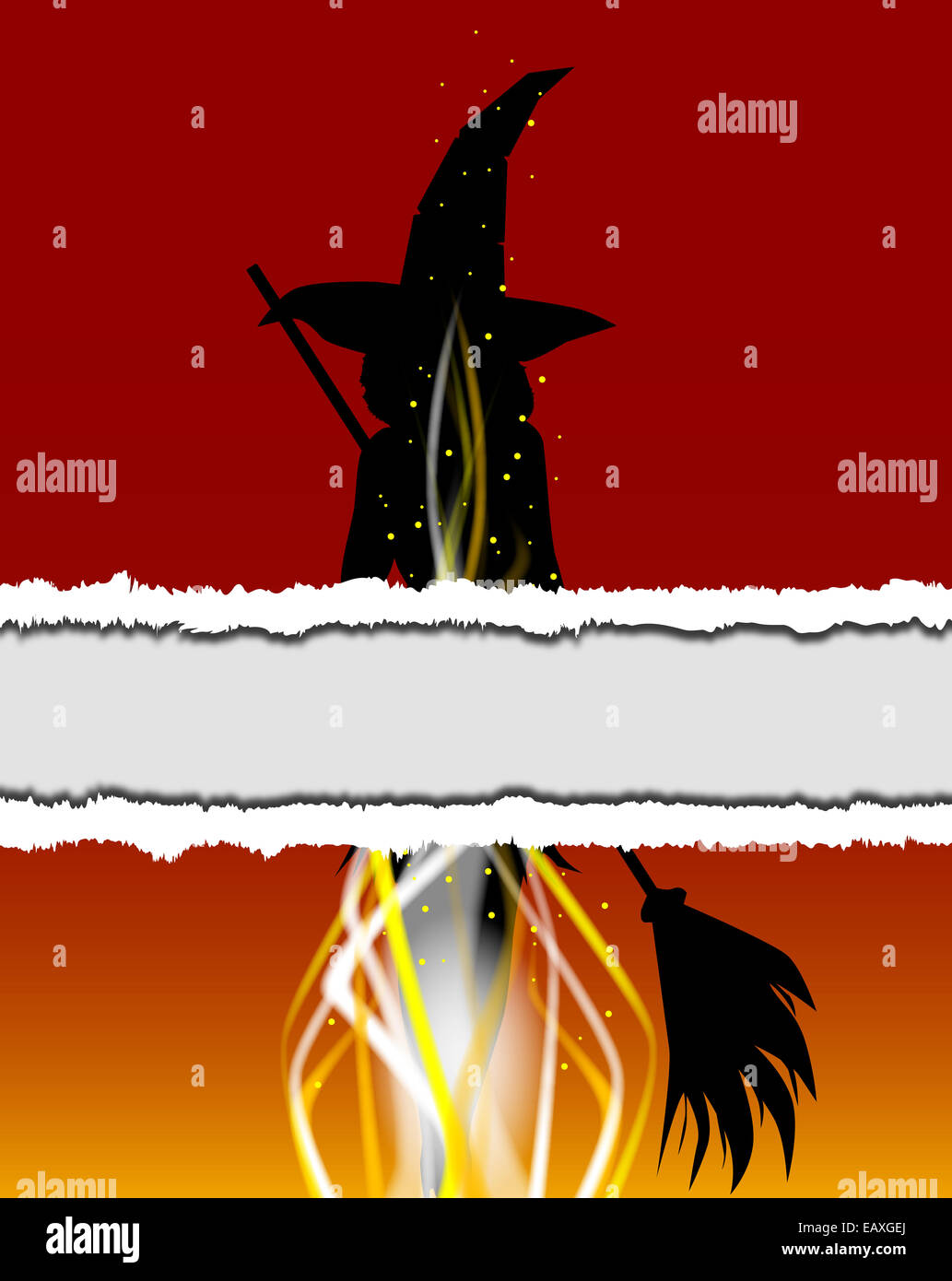 Abstract witch being burned at the stake with a tear across the centre ...
