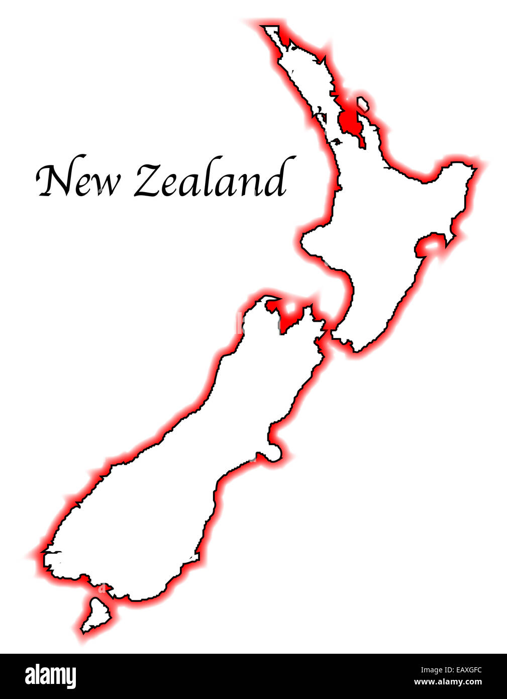 Outline map of New Zealand over a white background Stock Photo