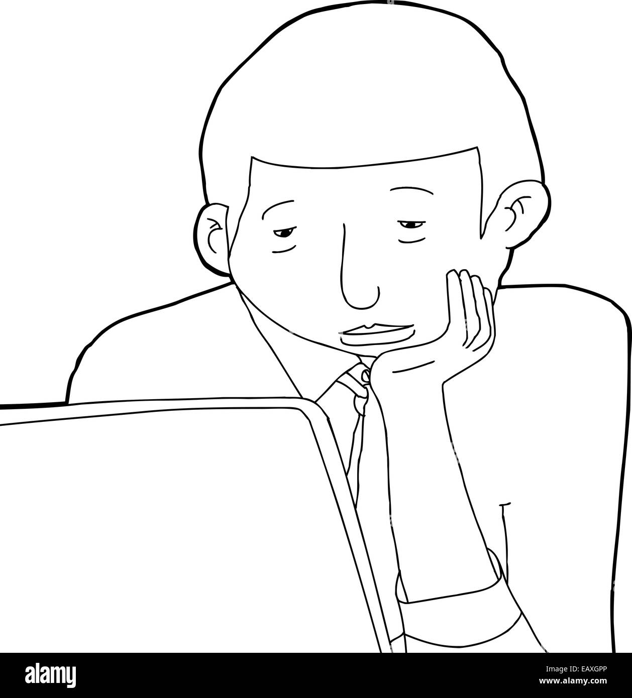 Outline cartoon of bored young African man at laptop Stock Photo