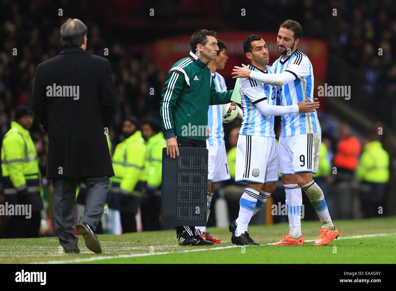 Nov. 18, 2014 - Manchester, United Kingdom - Carlos Tevez replaces Gonzalo Higuain of Argentina - Argentina vs. Portugal - International Friendly - Old Trafford - Manchester - 18/11/2014 Pic Philip Oldham/Sportimage. Stock Photo