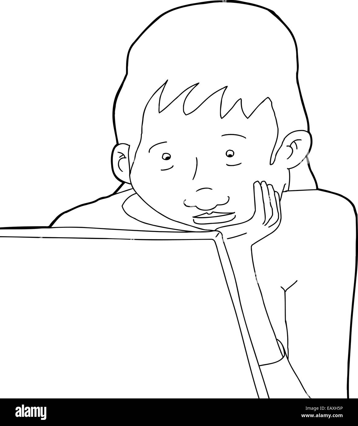 Outline cartoon of young woman with laptop and hand on chin Stock Photo
