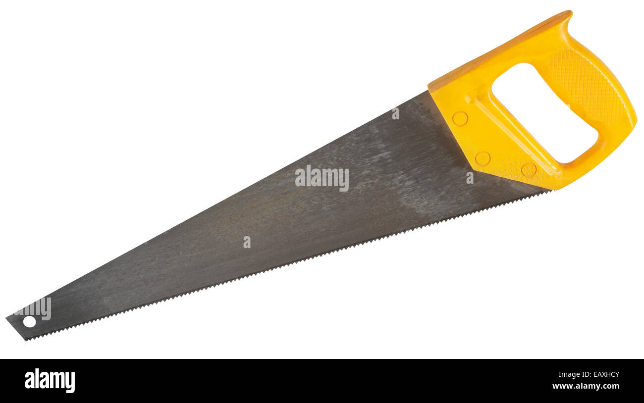 crosscut hand saw with yellow handle isolated on white background Stock