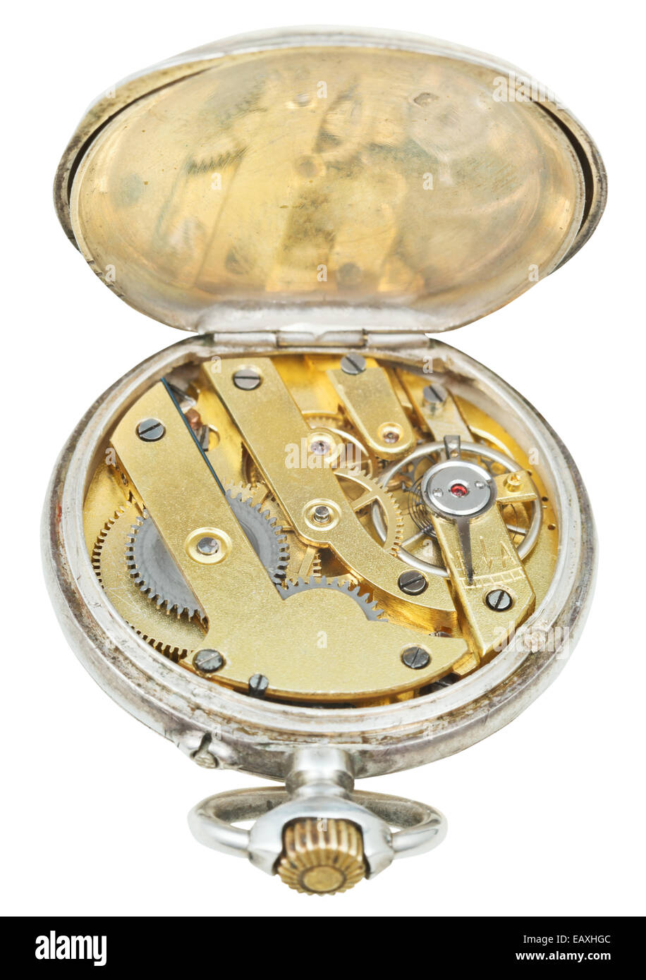 brass clockwork of retro silver pocket watch isolated on white