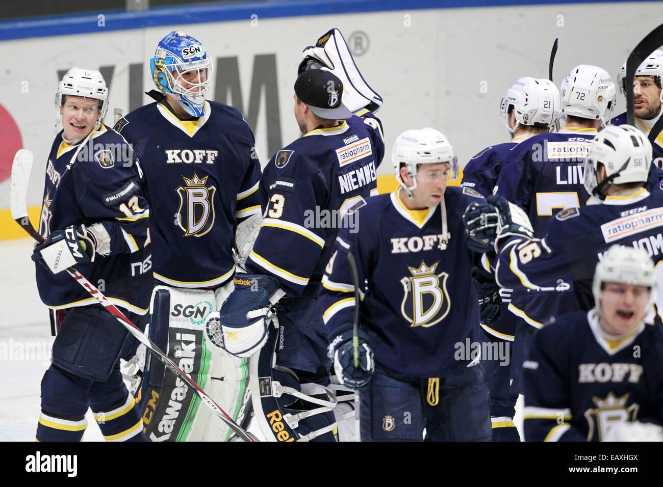 Nov. 18, 2014 - Espoo, Suomi - Blues celebrate 2-0 win over Lukko after  Finnish Hockey League match Blues vs Lukko in Espoo on 18th november 2014.  Matti Raivio / All Over Press Stock Photo - Alamy