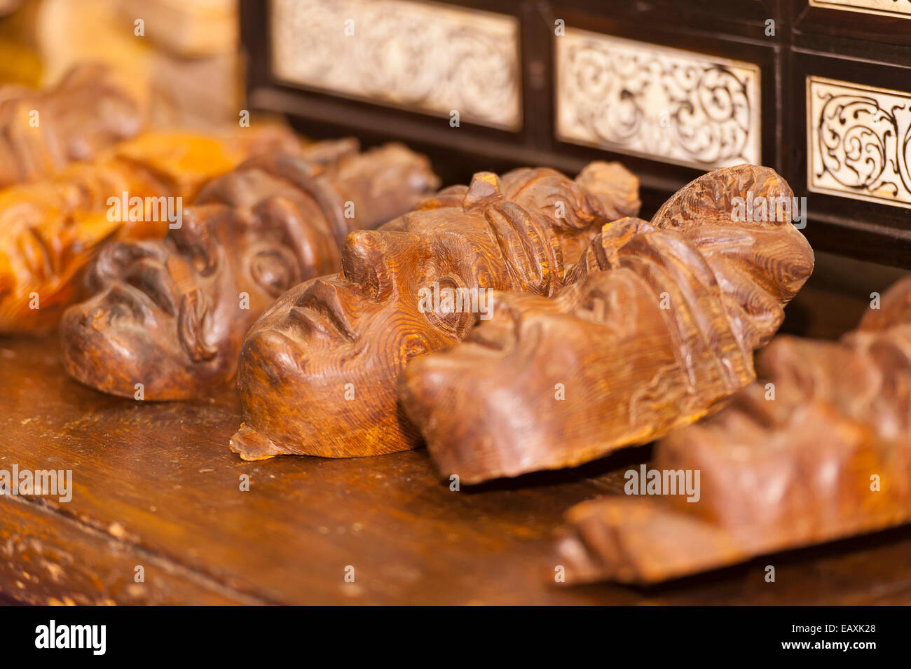 Madrid, Spain. 20th Nov, 2014. Detail of vintage wooden masks, Feriarte art and antiques Fair, 38th edition from November 15th to 23th 2014, Ifema fair center, Madrid, Spain. Credit:  Emanuele Ciccomartino/Alamy Live News Stock Photo
