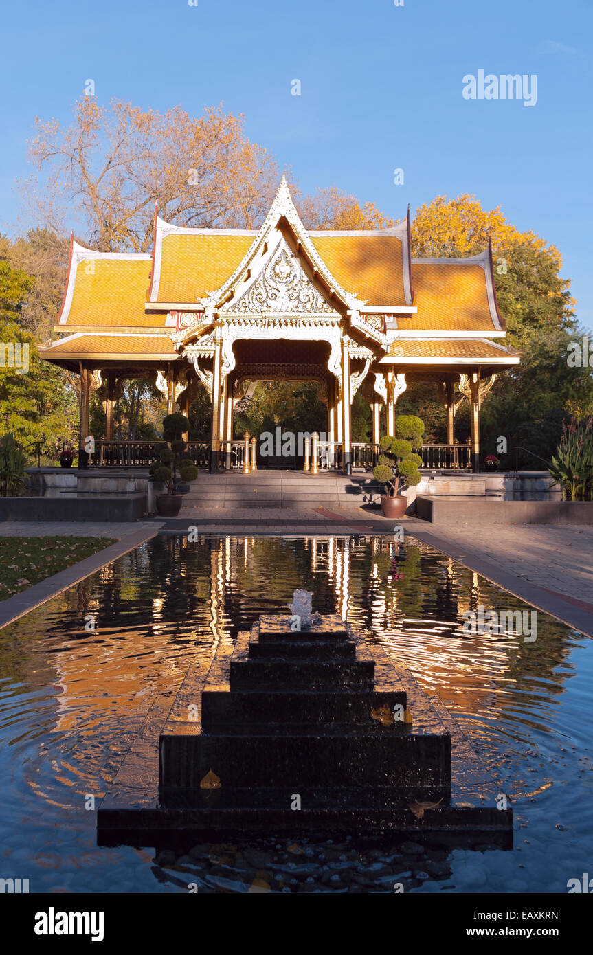 Thai pavilion gardens and reflecting pool at Olbrich botanical gardens in Madison Wisconsin Stock Photo