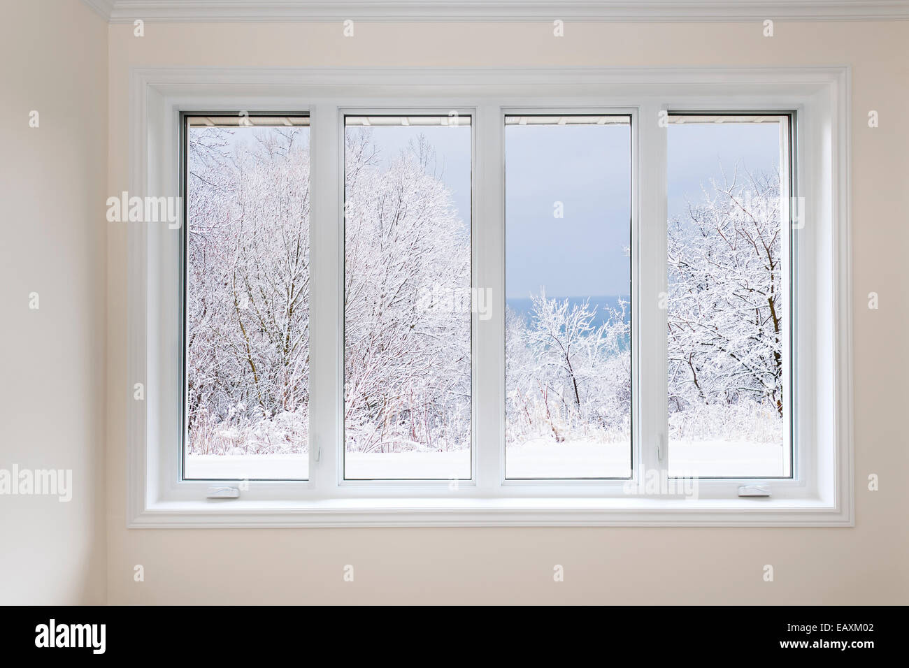 Large four pane window looking on snow covered trees in winter Stock Photo