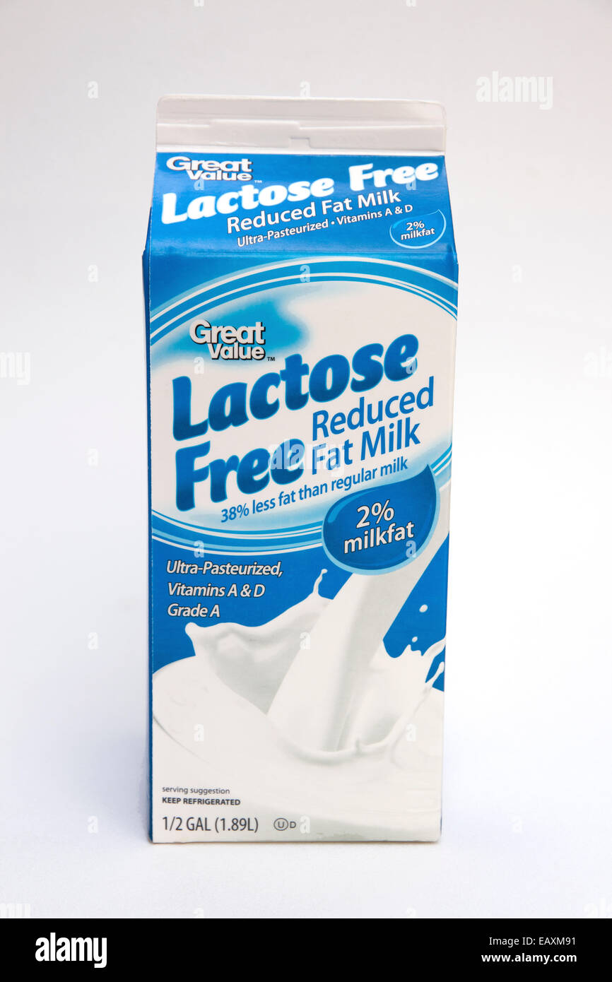 Lactose free, reduced fat milk carton containing 2% milk fat. Stock Photo