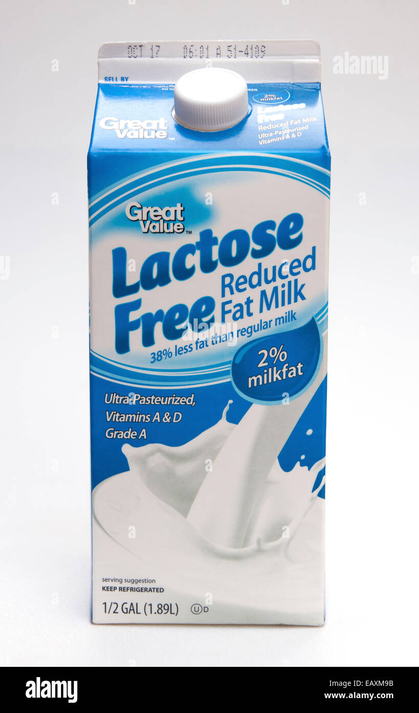 Lactose free, reduced fat milk carton containing 2% milk fat. Stock Photo