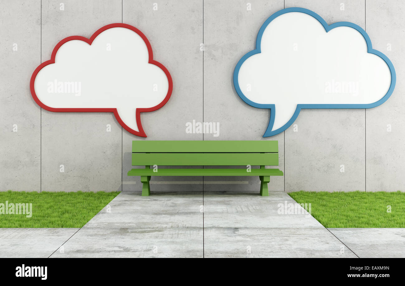 Two blank street billboard  with the form of a cloud on concrete wall with bench - 3D Rendering Stock Photo
