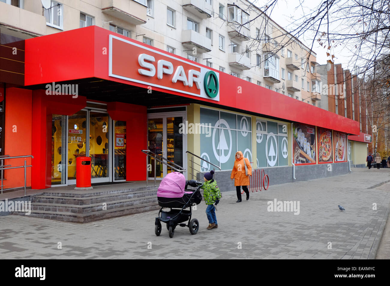 SPAR supermarket on the Kaliningrad street. Spar is an international retail chain and franchise. Stock Photo