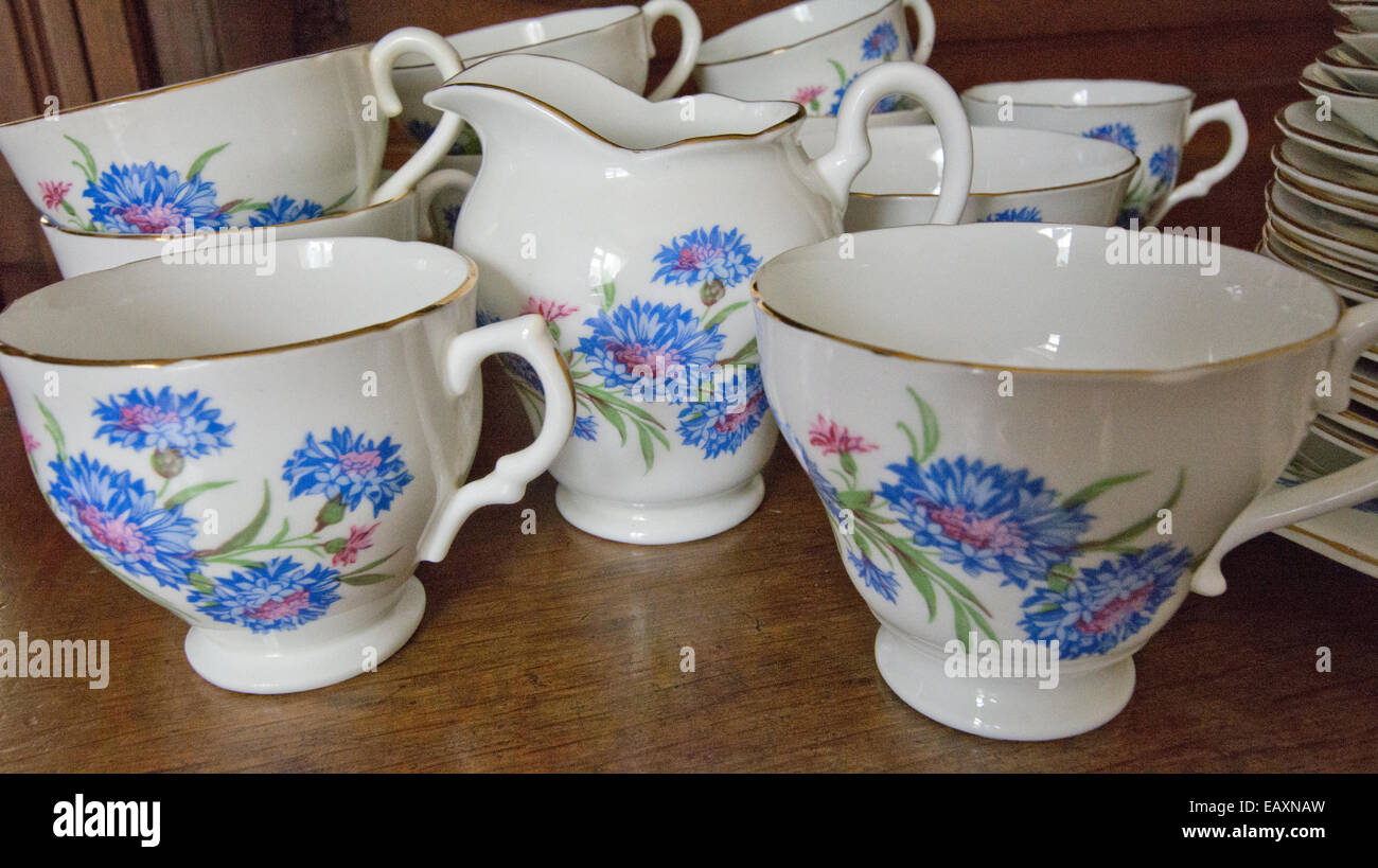 Blue and white floral design china tea set hi res stock