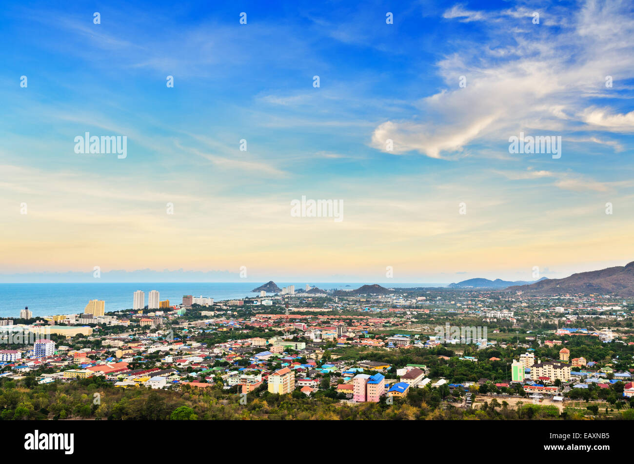 Hight angle view colorful sky over the Hua Hin city, Beautiful scenery town seaside at Prachuap Khiri Khan Province of Thailand Stock Photo