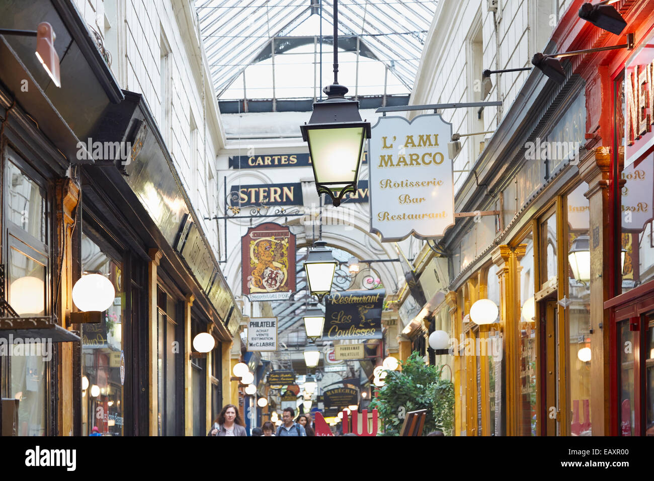 Paris, Passage des Panoramas with signs and shops Stock Photo
