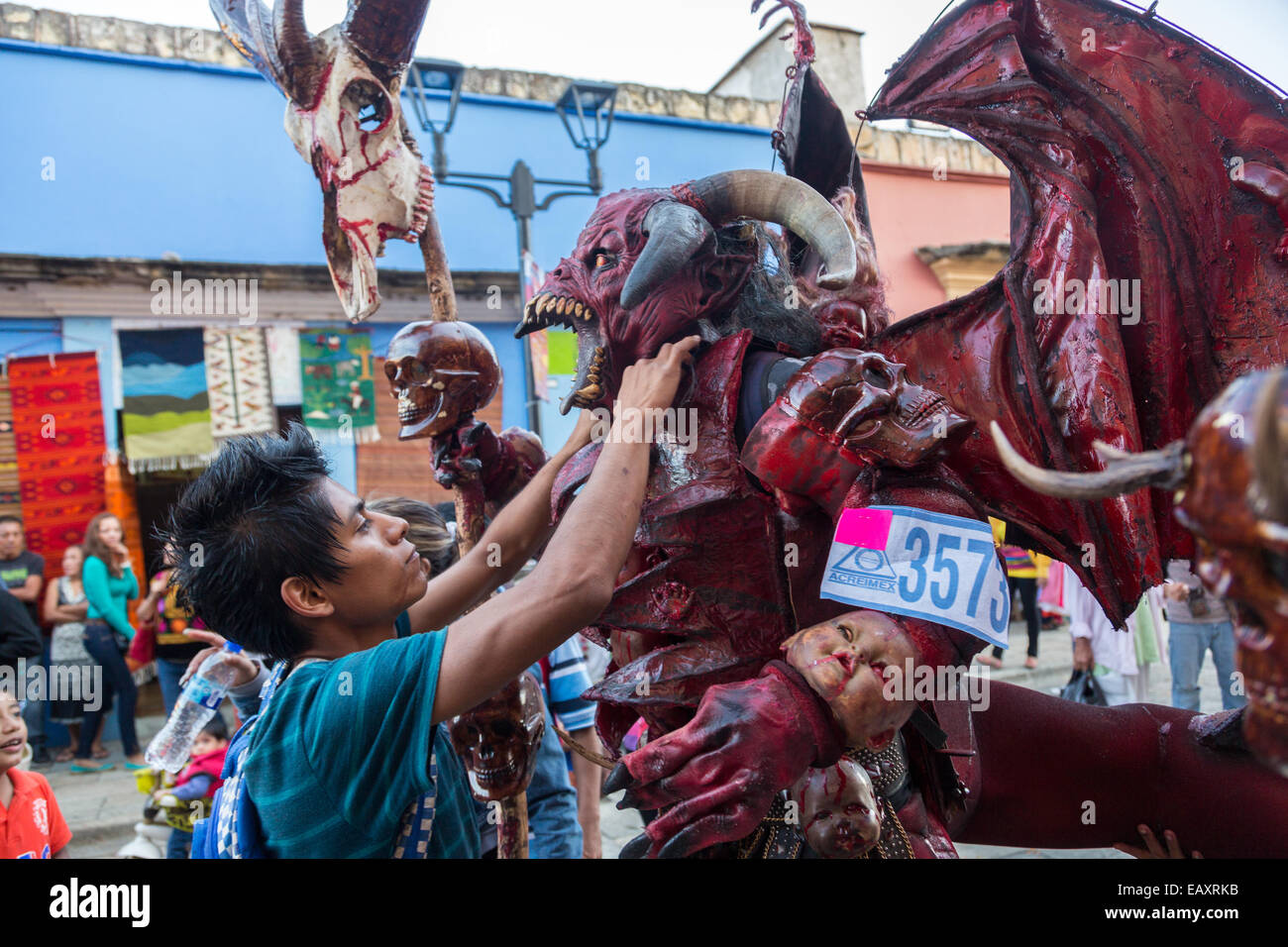 Man dressed in an American style devil costume during the Day of the Dead Festival known in spanish as D’a de Muertos on October 25, 2014 in Oaxaca, Mexico. Stock Photo
