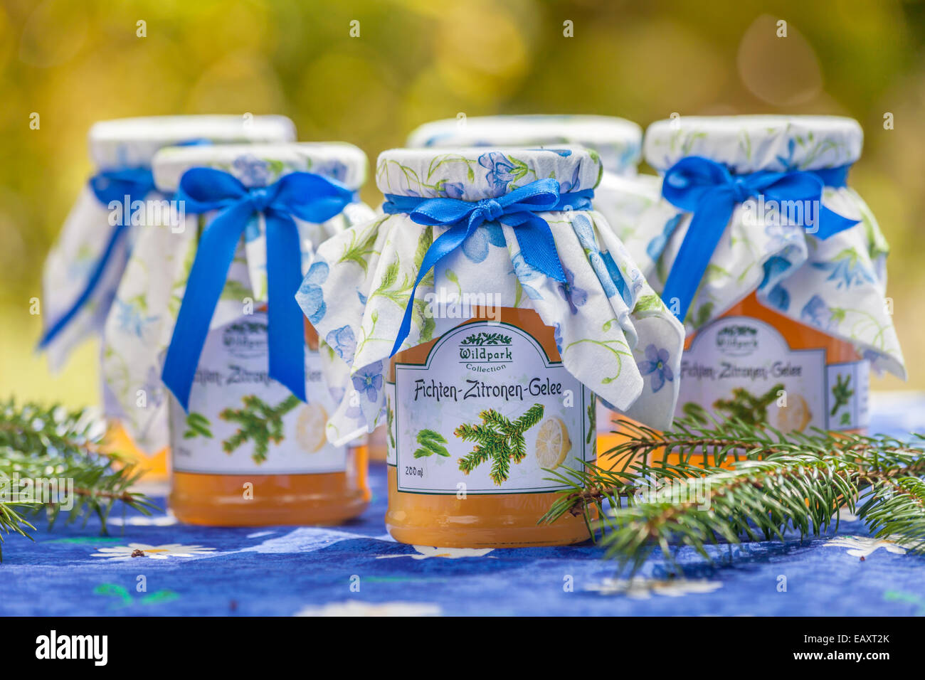 Bottles with pine and lemon jelly in the garden Stock Photo