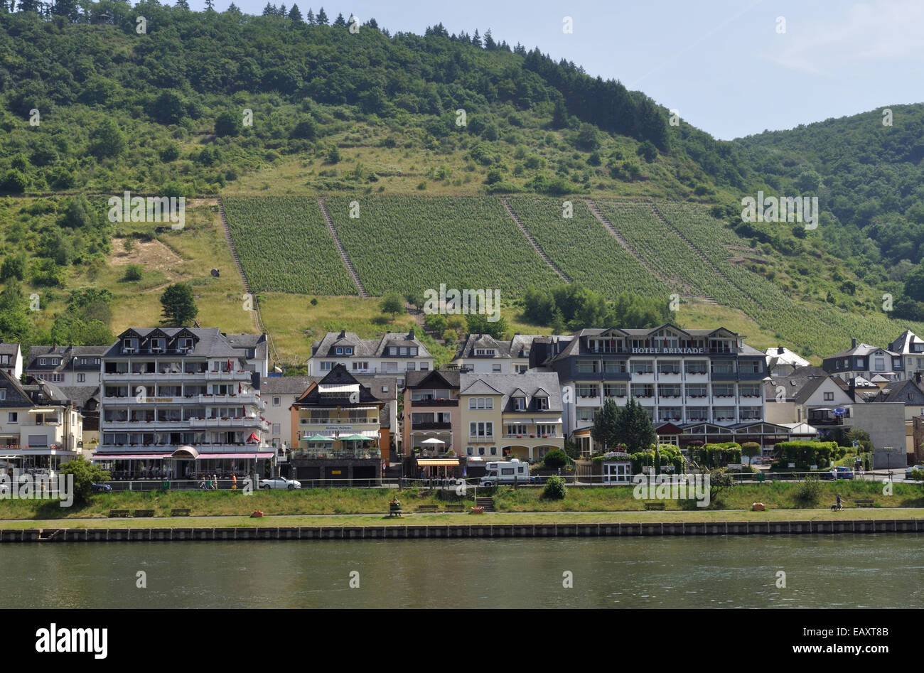 Hotels Triton and Brixiade on the bank of the Moselle in the Cond district of Cochem, Germany. Stock Photo