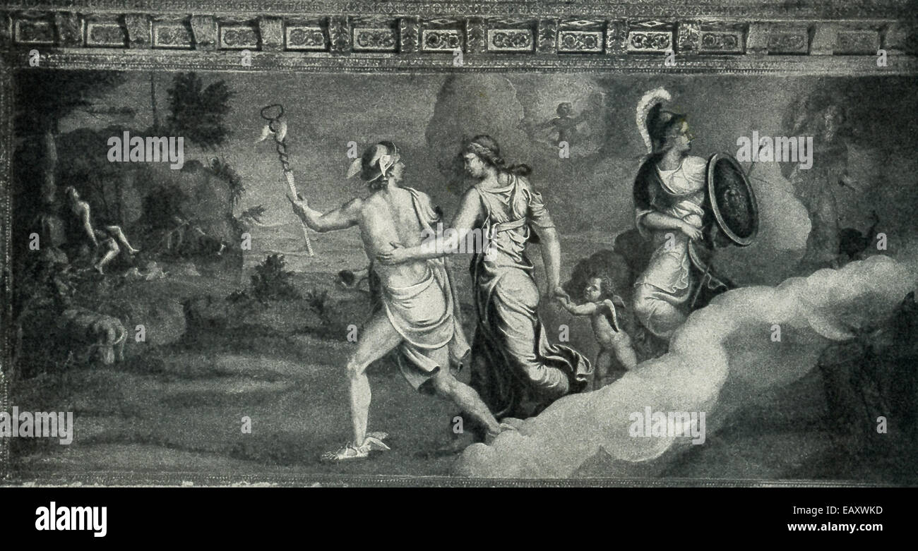 The text that accompanied this illustration reads: To him, at last, the three goddesses entrusted the judgment and the golden apple and the person entrusted is the god Hermes. Stock Photo