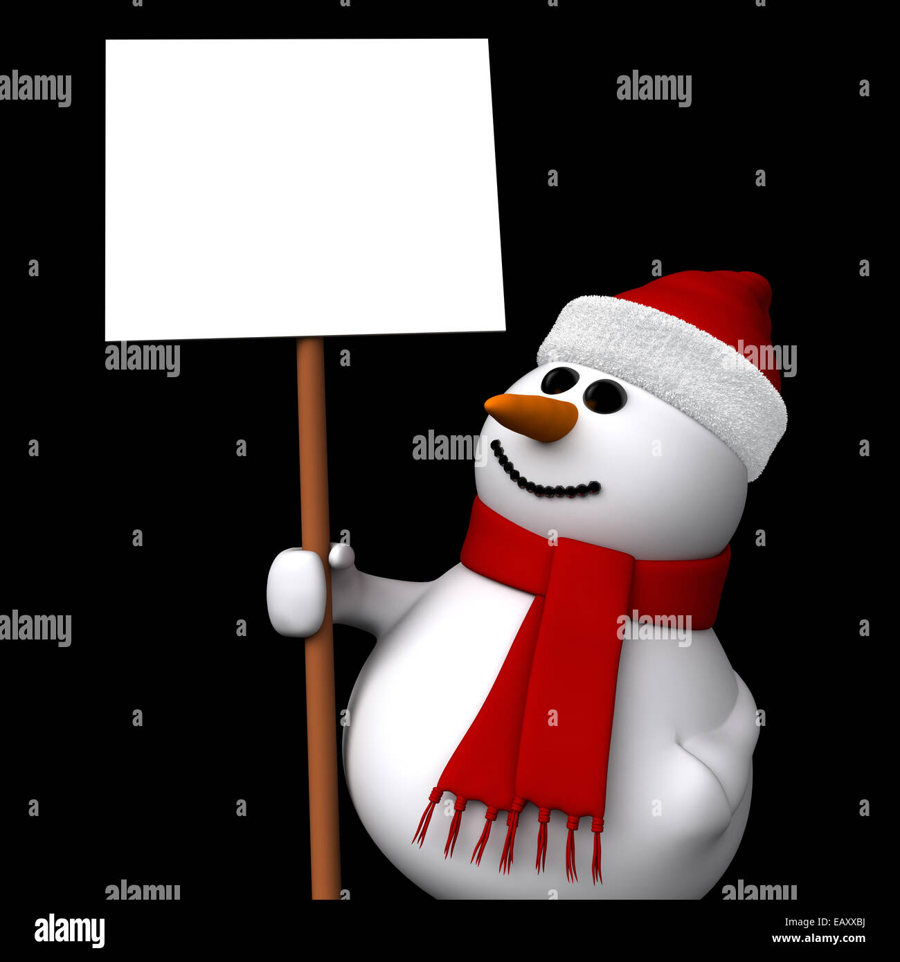 3d render of snowman holding a blank sign isolated on black background