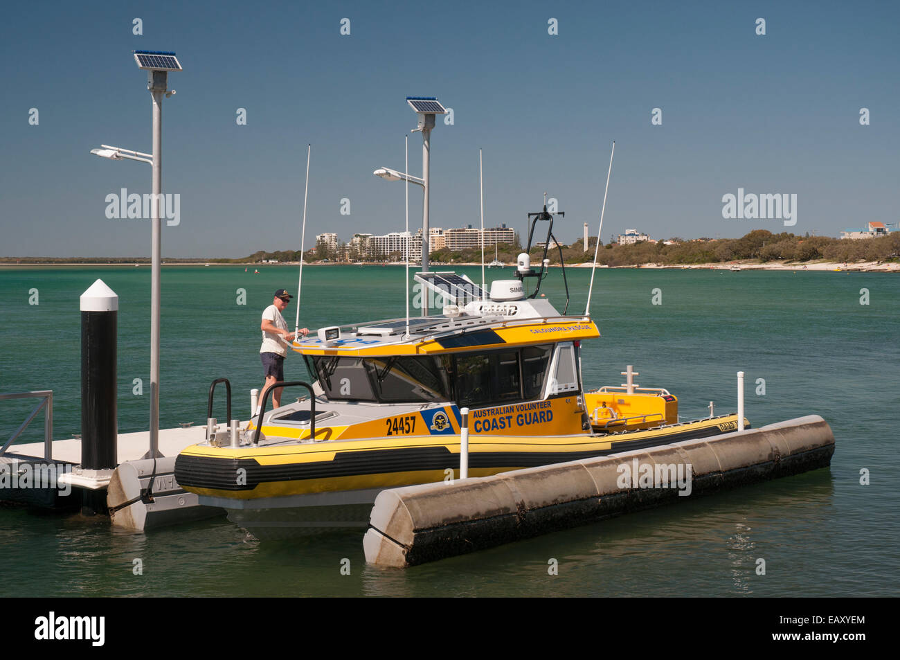 Australian Volunteer Coastguard launch moored at Caloundra, Sunshine Coast, Queensland Stock Photo
