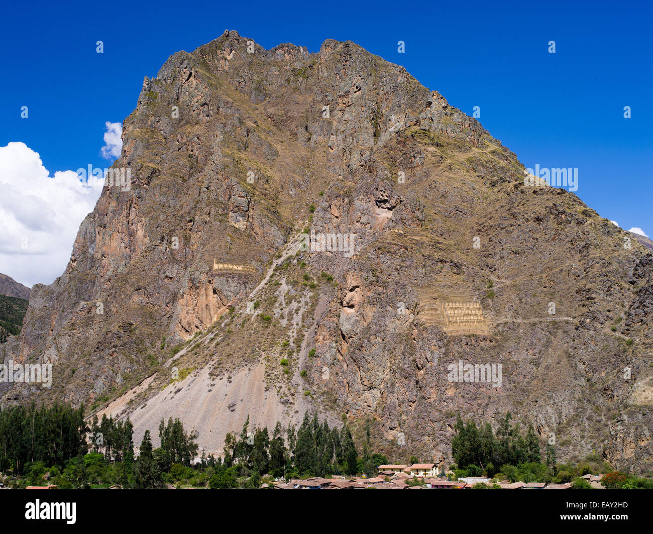 Incan Storage facilities at Ollantaytambo, Peru. Stock Photo