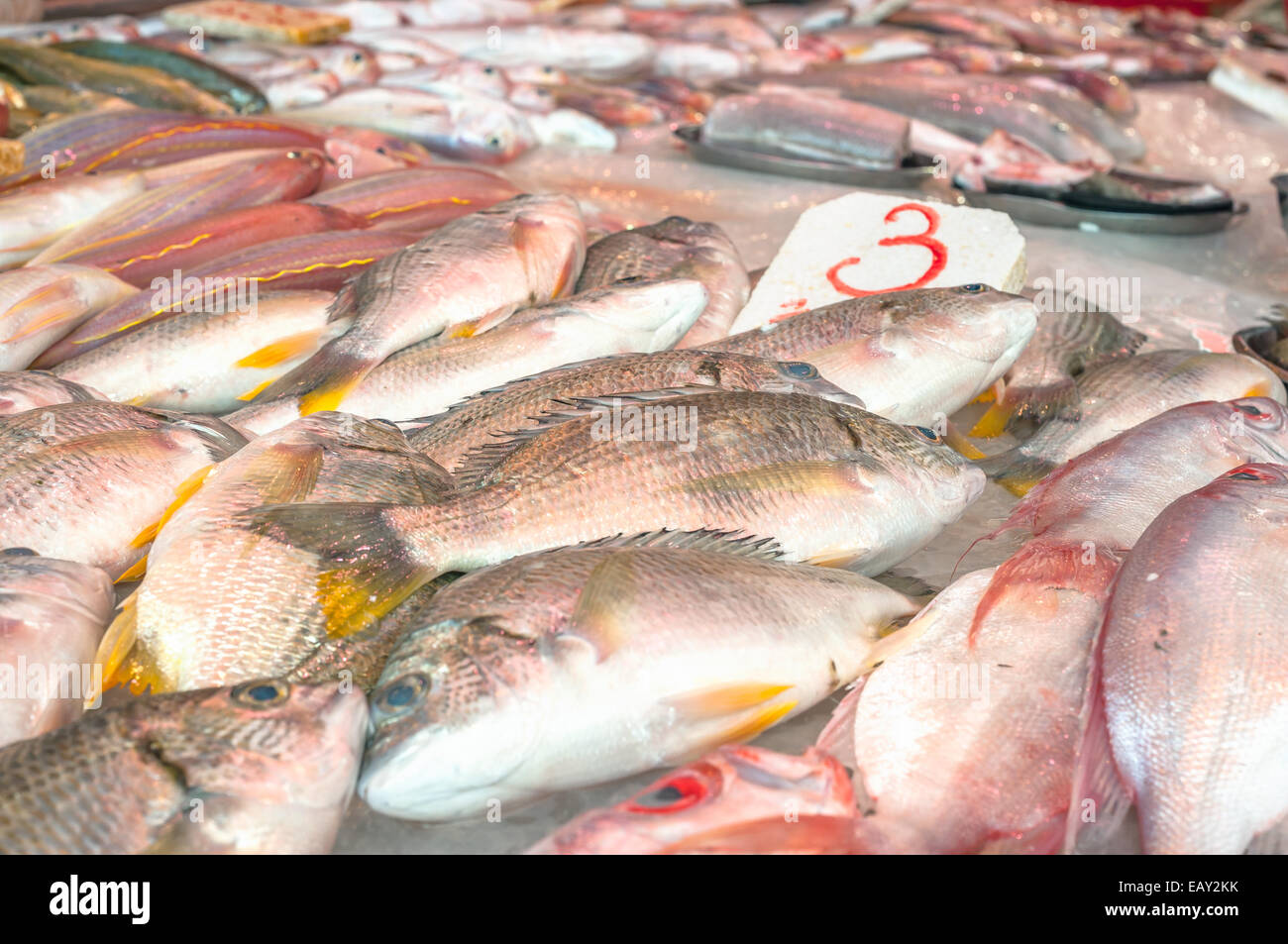 Fresh fish on sale at a Hong Kong wet market Stock Photo