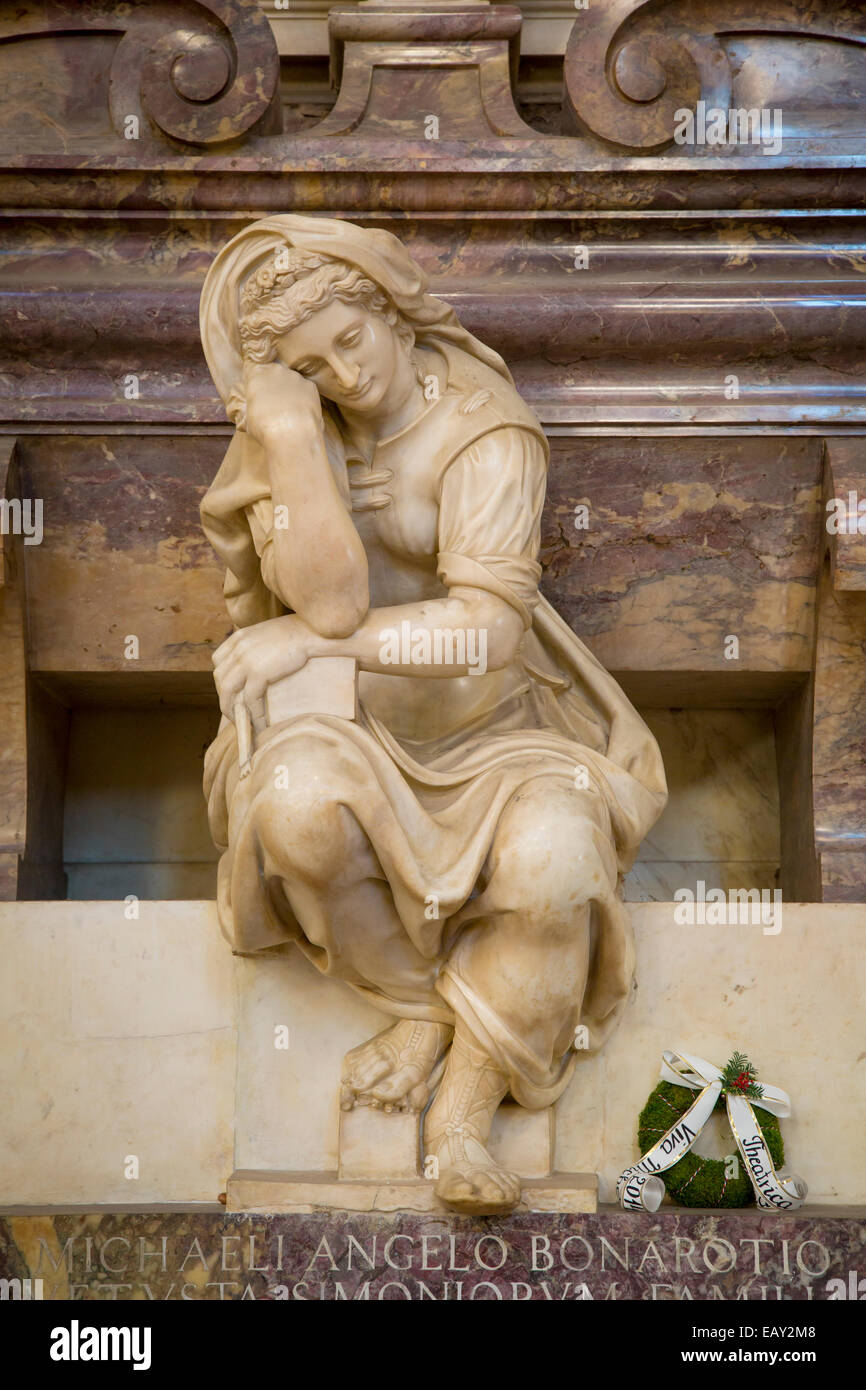 Sculpted figure on Michaelangelo's grave, Santa Croce Church, Florence, Tuscany, Italy Stock Photo