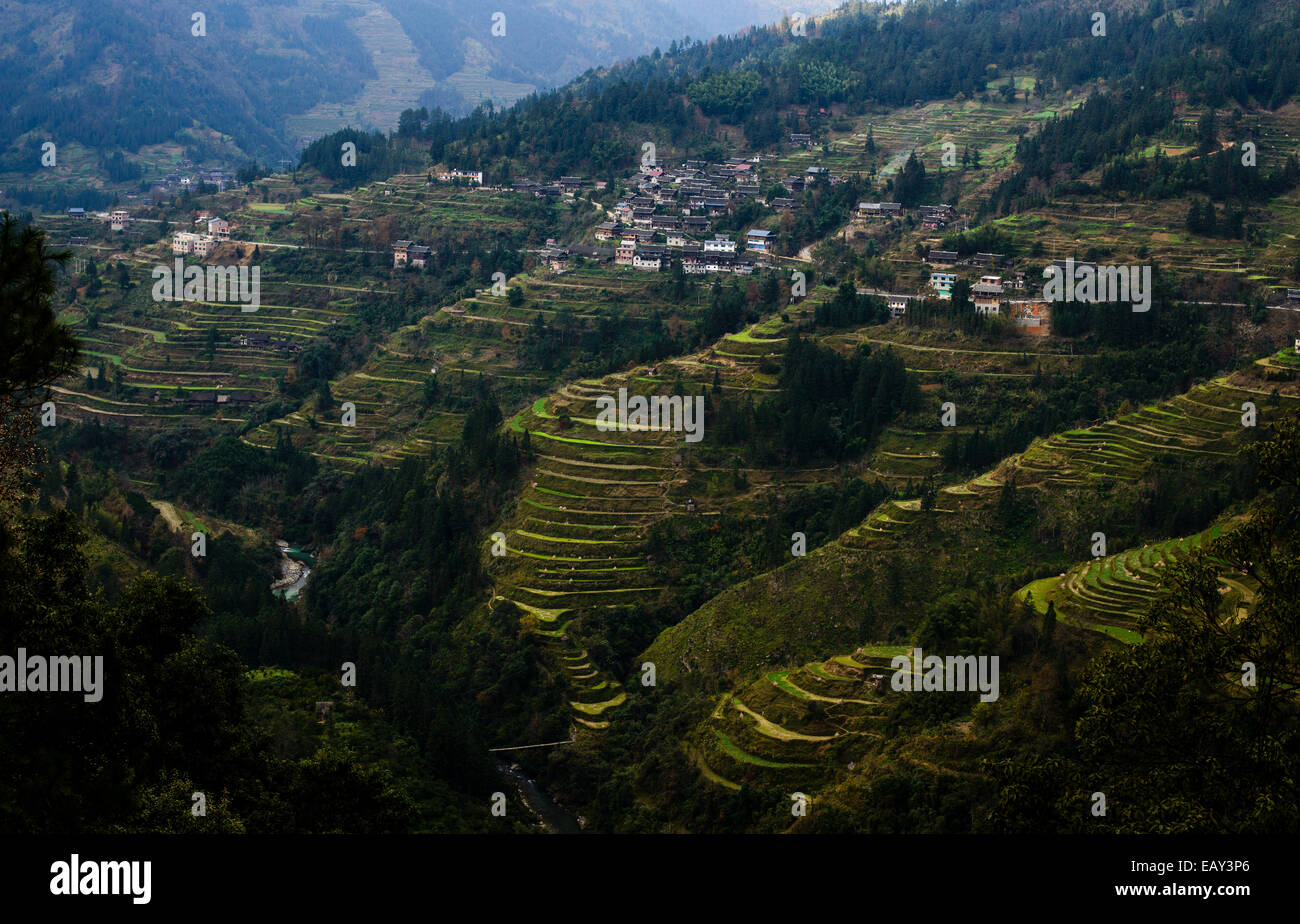 Rice terraces and traditional mountain village, Guizhou Province, China Stock Photo
