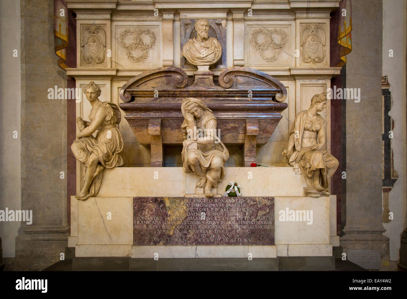 Ornate tomb of Michelangelo inside the church of Santa Croce in Florence Tuscany Italy Stock Photo