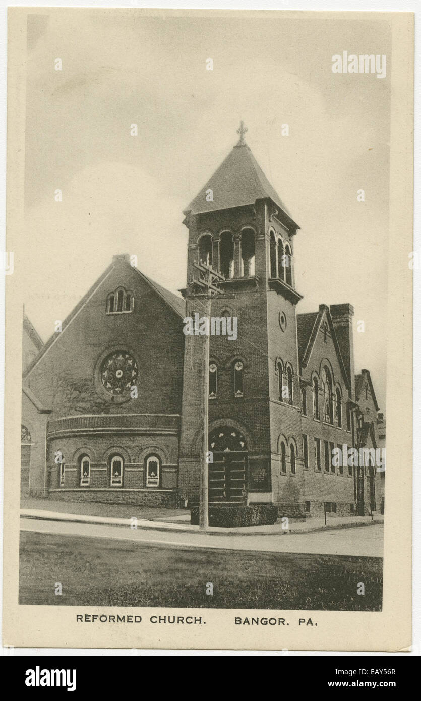 Reformed church in Bangor, Pennsylvania from a pre-1923 postcard From RG 428, Postcard Collection, Stock Photo