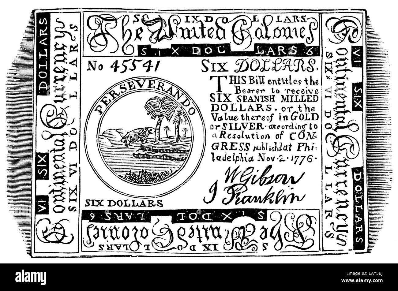 Continental Dollar, first currency of the U.S.,  introduced by the Continental Congress to finance the war for independence from Stock Photo