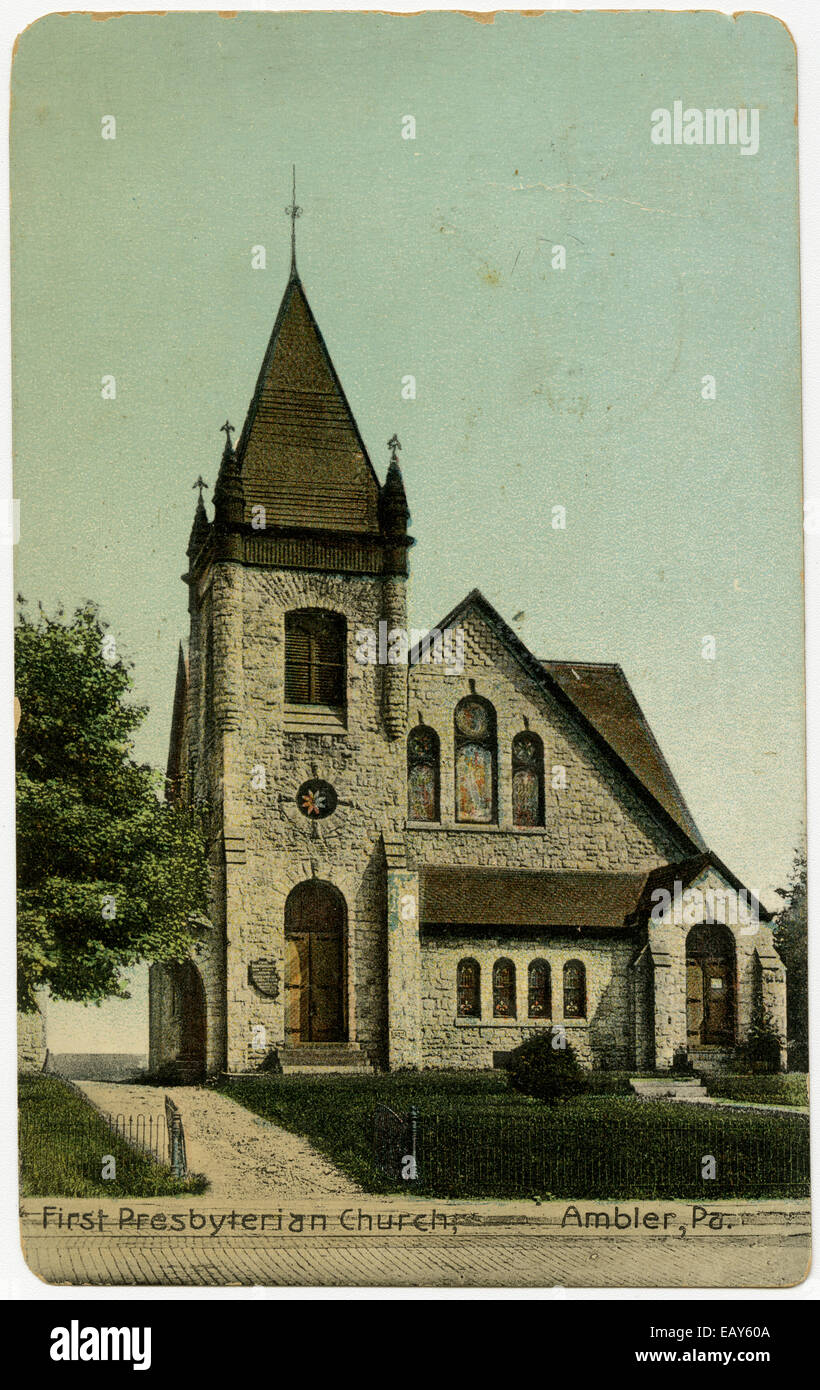 First Presbyterian Church in Ambler, Pennsylvania from a pre-1923 postcard From RG 428, Postcard Collection, Stock Photo