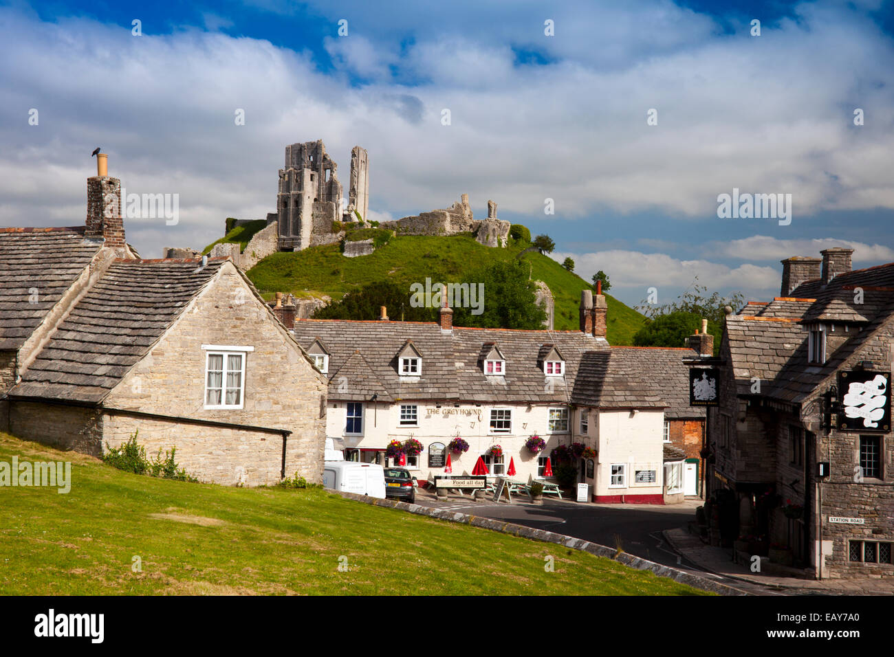 The Bankes Arms Hotel and The Greyhound Inn below the ruins of Corfe ...