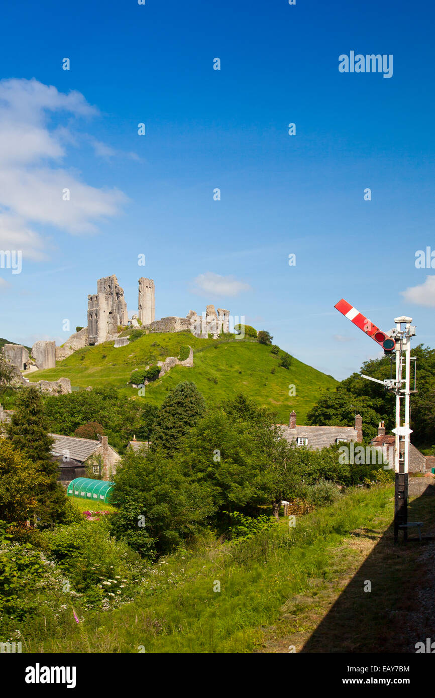Corfe Castle ruins viewed from a passing train on the Swanage Railway Dorset England UK Stock Photo