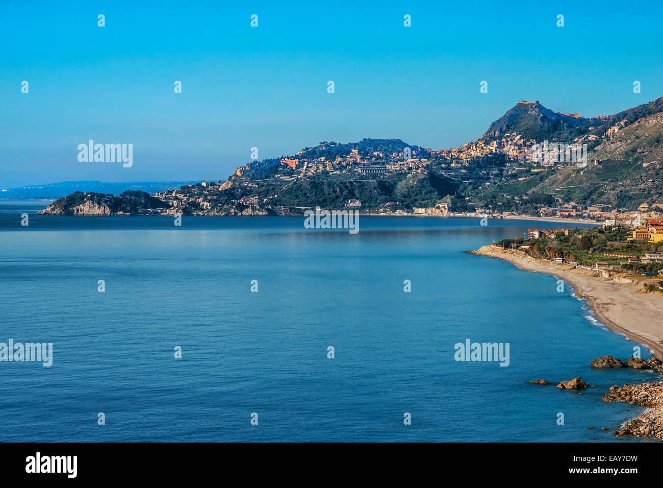 View over the bay of Letojanni to Taormina, Province Messina, Sicily, Italy, Europe Stock Photo