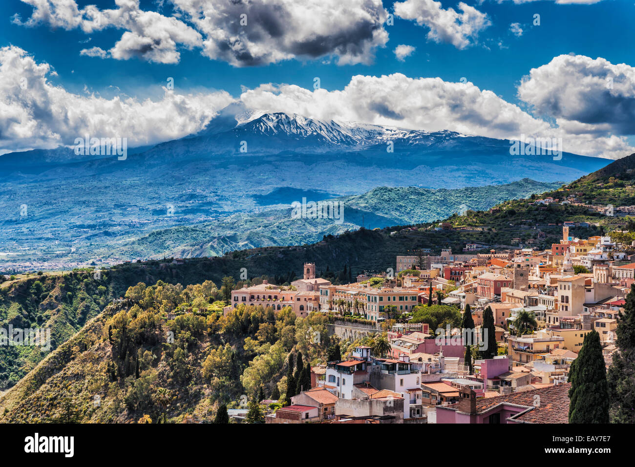 View on the town Taormina and Mount Etna, Province Messina, Sicily