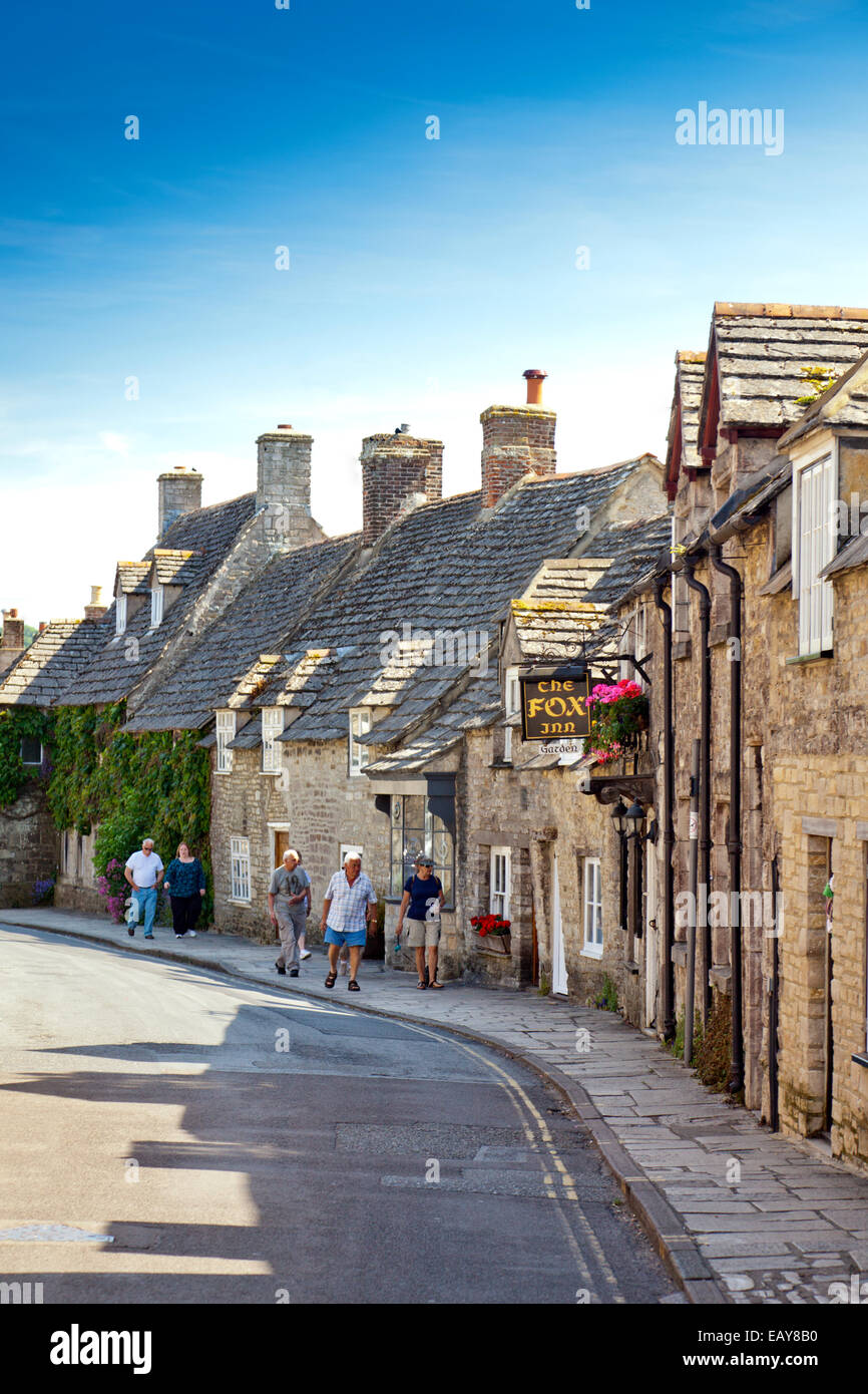 Traditional stone cottages and The Fox Inn in West Street Corfe Castle