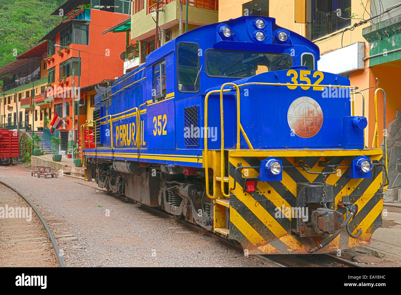 AGUAS CALIENTES; PERU- OCTOBER 17, 2014:  Locomotive stands at the railway station of 'Aguas Calientes',  'Machu Picchu' Stock Photo