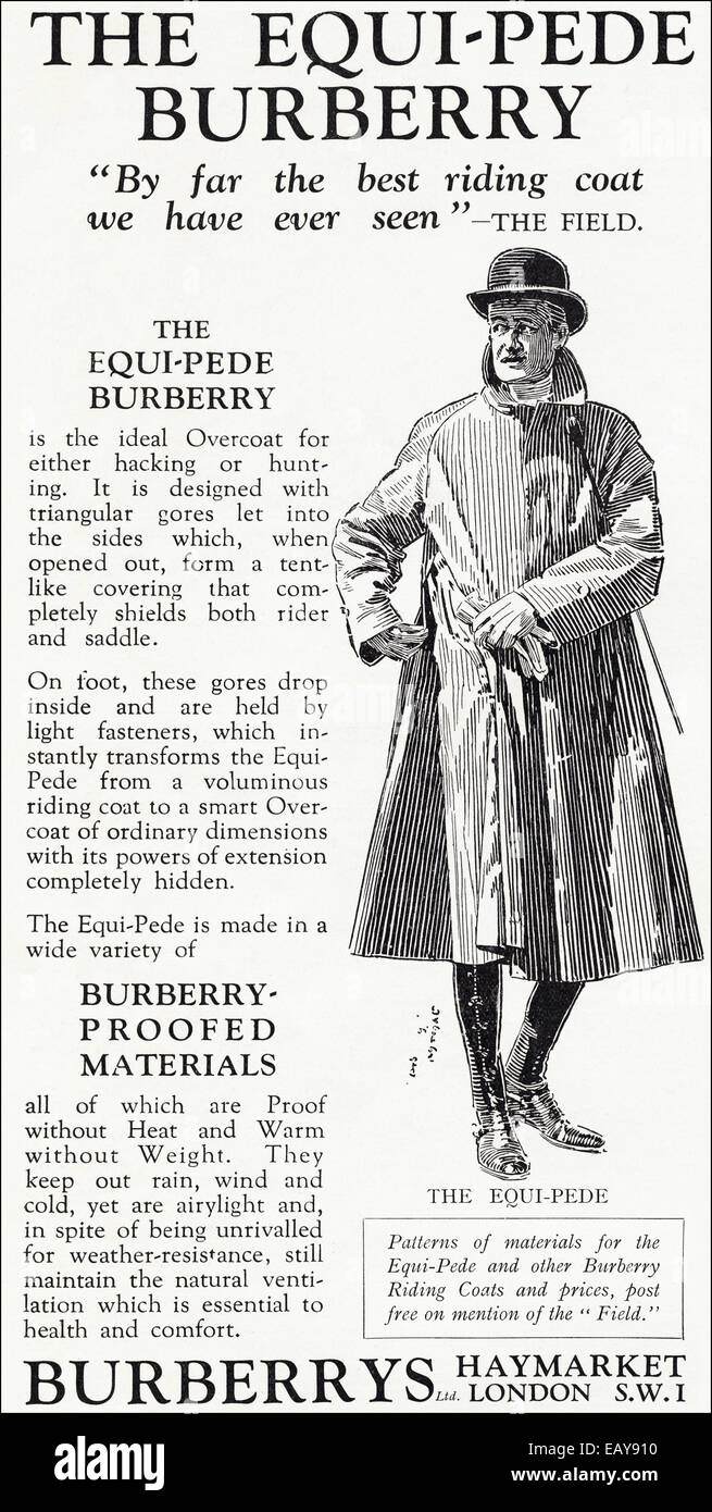 1920s advertisement for EQUI-PEDE riding coat by BURBERRY of London in  English magazine dated June 1929 Stock Photo - Alamy