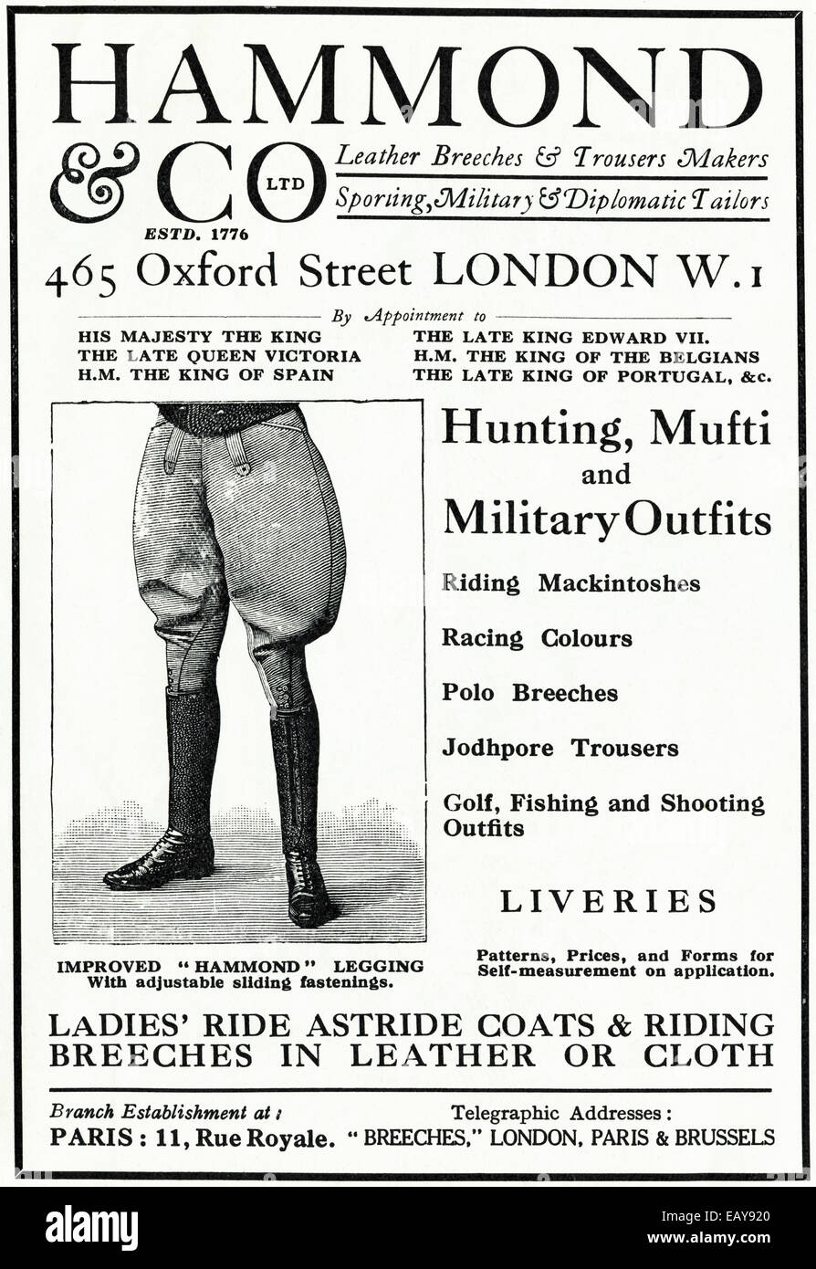 1920s advertisement for HAMMOND & CO leather breeches & trouser makers, sports, military and diplomatic tailors of London in Eng Stock Photo