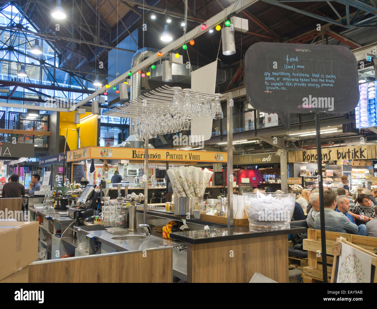 Mathallen Vulcan, food court in Oslo with many shops/stalls with Stock  Photo - Alamy