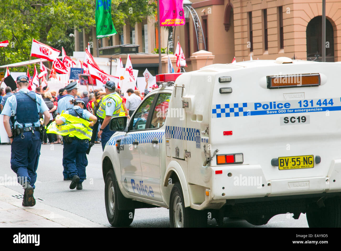 Australian new south wales police officers in macquarie street,Sydney,NSW, Australia attend for duty during a protest Stock Photo