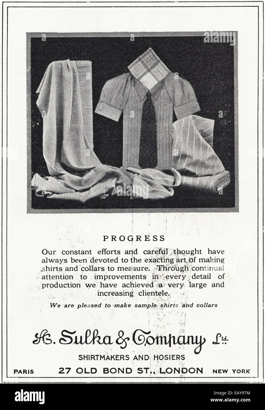 1920s advertisement for H. SULKA & COMPANY shirtmakers & hosiers of Old Bond Street London in English magazine dated June 1929 Stock Photo