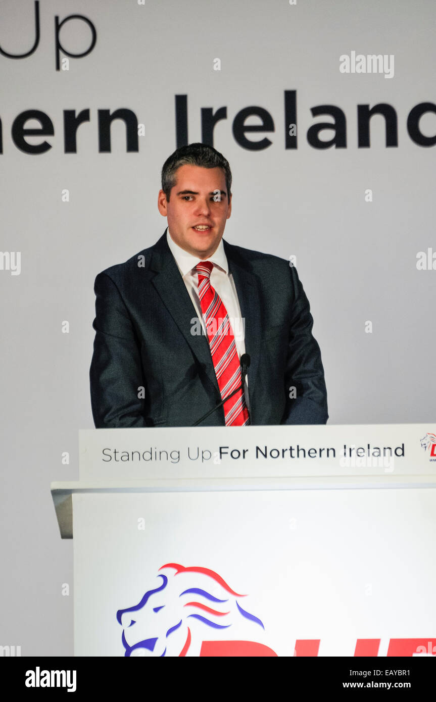 Belfast, Northern Ireland. 22nd Nov 2014. - Alderman Gavin Robinson addresses the DUP conference 2014 after being announced as the Westminster candidate for East Belfast Credit:  Stephen Barnes/Alamy Live News Stock Photo