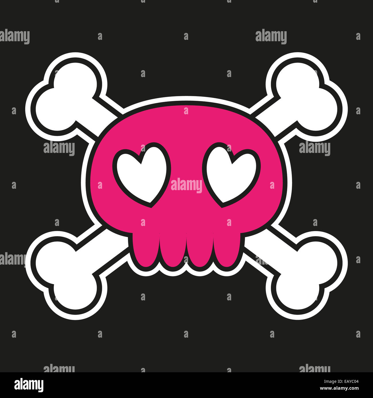Pink skull with crossbones on black background with heart shaped eyes.  Vector illustration Stock Photo - Alamy