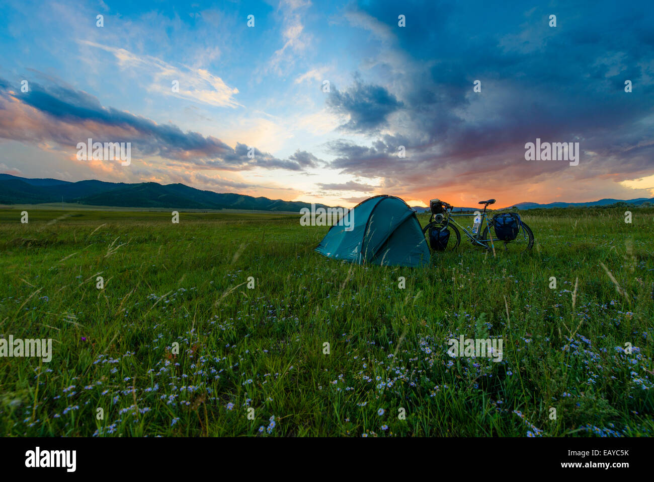 Camping in the Mongolian steppe, Mongolia Stock Photo