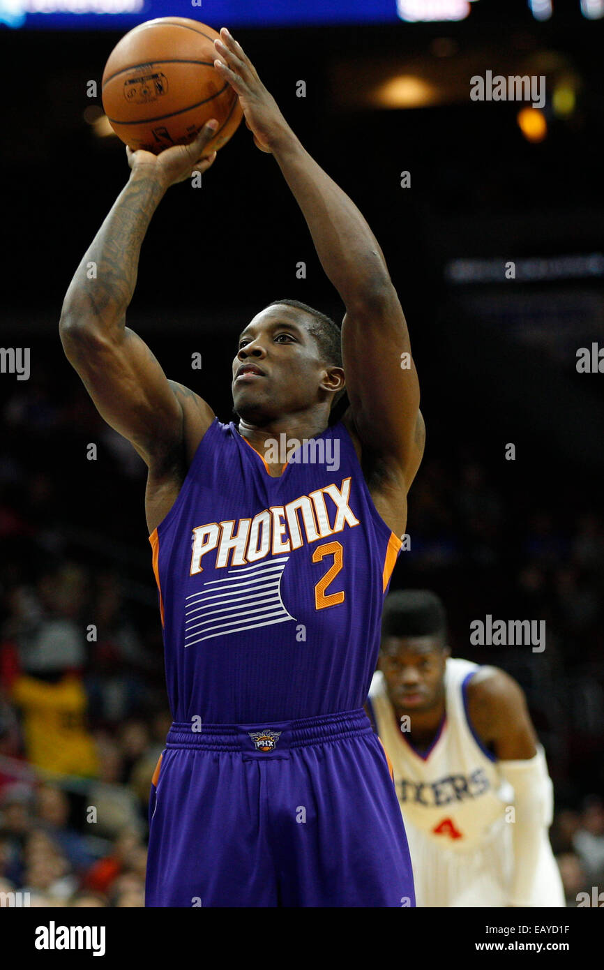 Philadelphia, USA. November 21, 2014. Phoenix Suns guard Eric Bledsoe (2) with the free throw attempt during the NBA game between the Phoenix Suns and the Philadelphia 76ers at the Wells Fargo Center in Philadelphia, Pennsylvania. The Phoenix Suns won 122-96. Stock Photo