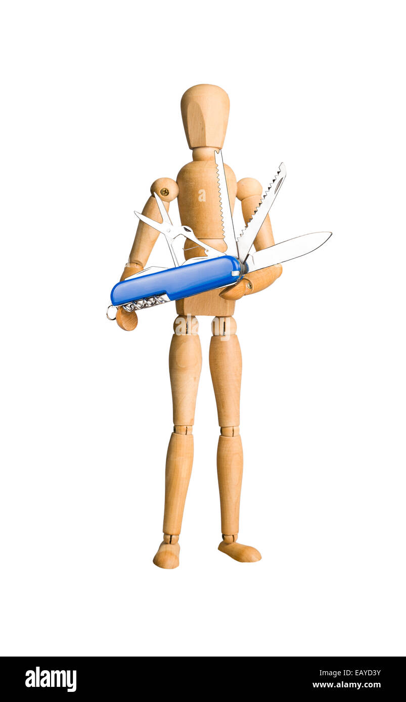 Wooden mannequin holding swiss knife Stock Photo